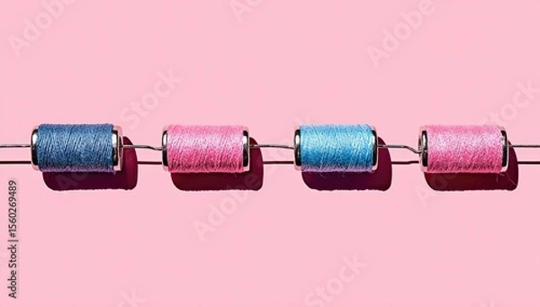 Obraz Thread spools in a row on a pink surface