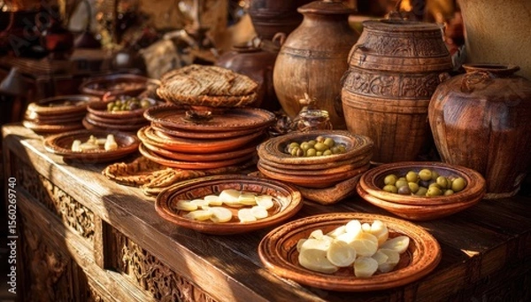 Obraz Rustic display of terracotta dishes and food