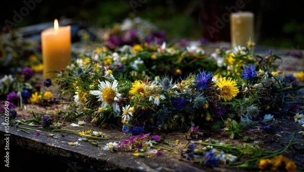 Obraz Colorful flower wreath on rustic wooden table