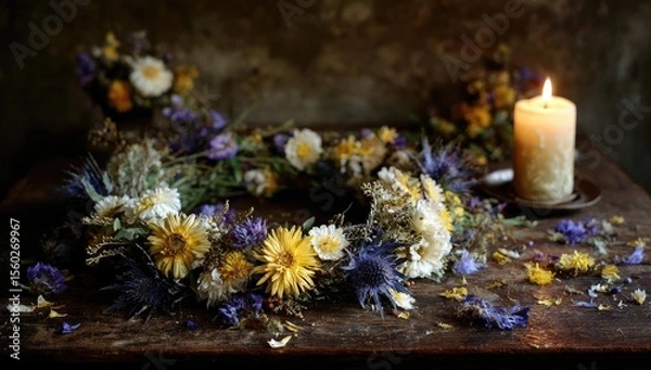 Obraz Dried flower wreath on rustic table