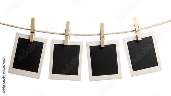 Fototapeta Four Blank Instant Photo Frames Hanging on a Rope Isolated on White Background

