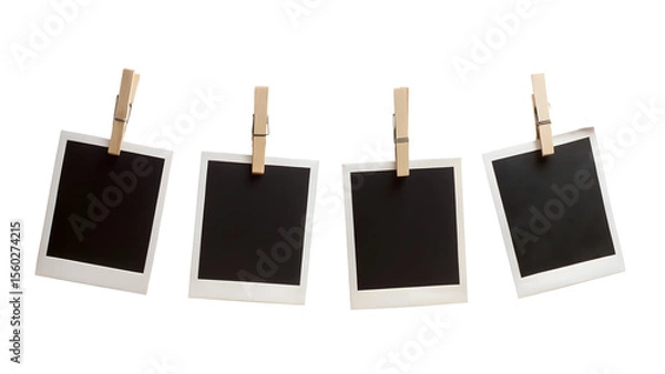Fototapeta Four Blank Instant Photo Frames Hanging on a Rope Isolated on White Background

