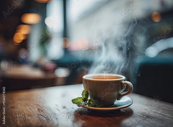Obraz A steaming cup of herbal tea on a wooden table in a cafe