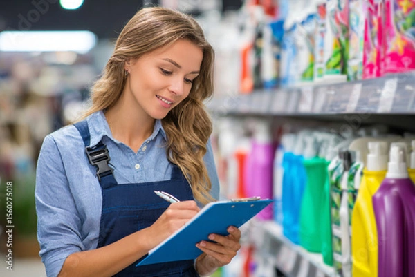 Fototapeta Store employee smiles while checking inventory and organizing colorful cleaning products on shelves