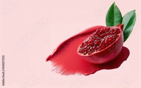Obraz Red pomegranate half on a vibrant red paste smear on a pastel pink background. Healthy, organic fruit ingredients copy space backdrop.