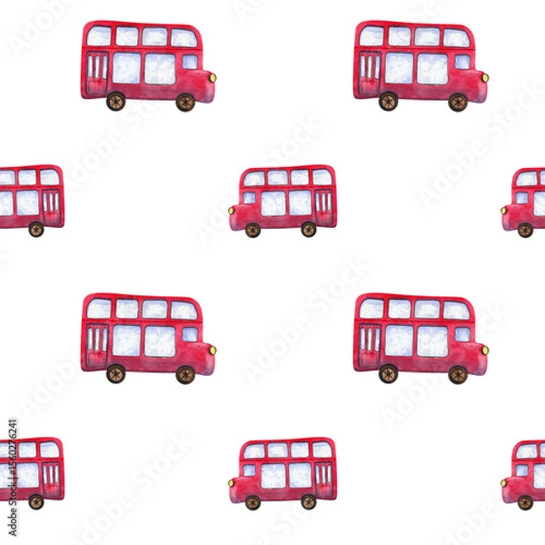 Fototapeta Seamless pattern. Festive collection of hand-painted watercolor elements with British symbols. Illustrations red double-decker bus, telephone box.
