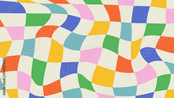 Fototapeta Psychedelic colorful checkerboard background. Abstract groovy hippie 60s-70s design. Distorted vector illustration in Y2k style
