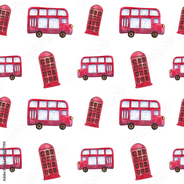 Fototapeta Seamless pattern. Festive collection of hand-painted watercolor elements with British symbols. Illustrations red double-decker bus, telephone box.