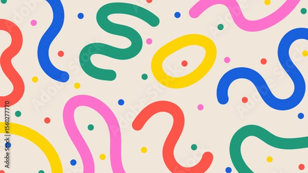 Fototapeta Fun abstract background with multi colored squiggly lines. Doodle design with hand drawn colorful shapes, stripes and dots