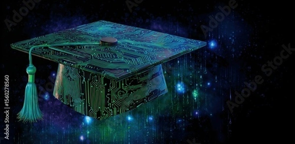Obraz Green digital graduation cap with futuristic interface background.