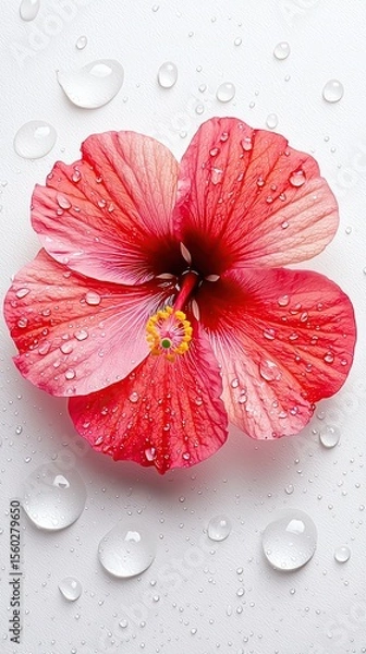 Obraz Hibiscus flower on white background surrounded by mist and floating droplets, highspeed capture with backlight to freeze movement