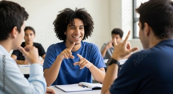 Obraz Students engaged in animated conversation, likely using sign language, in a classroom setting.