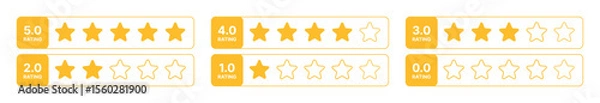 Fototapeta Vector rating stars set from zero to five with yellow rating labels, different star fill levels, customer satisfaction icons, user review elements, feedback ranking symbols on transparent background