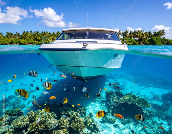 Fototapeta The underside of a clear glass-bottom boat revealing schools of colorful fish and vibrant coral reefs below.