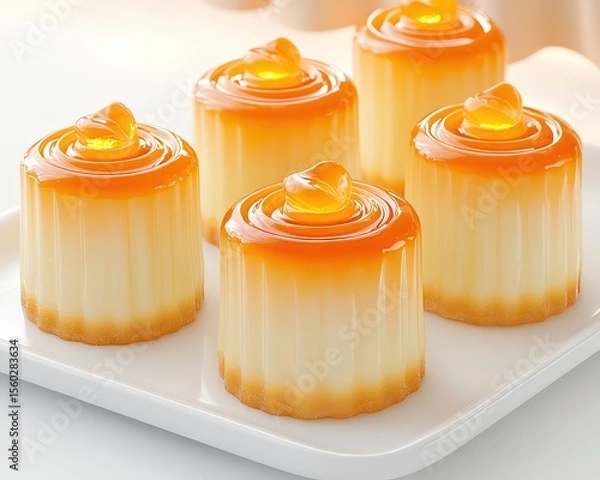 Obraz French Canele with Warm Cafe Background arranged on white ceramic tray, filtered light through cafe curtain adding soft elegance