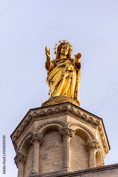 Fototapeta Close-up of golden statue of Maria on top of Avignon Cathedral