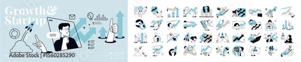 Fototapeta Growth and startup concept illustrations. Set of people vector illustrations in various activities of business, marketing, strategy, planning, data analytics, startup, launch product, success.