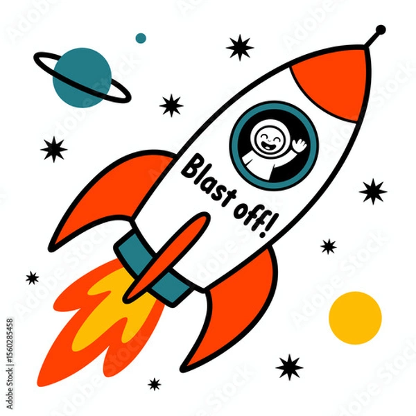 Fototapeta Cartoon astronaut in rocket blasting off to space with planet and stars illustration