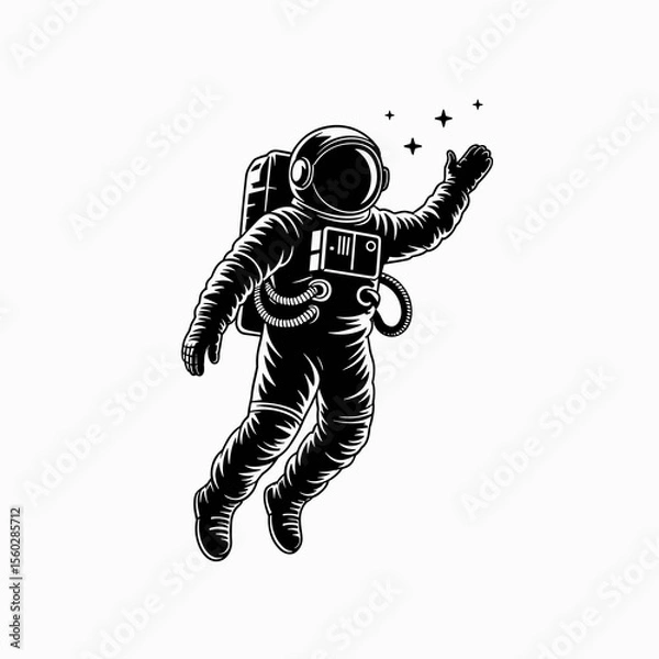 Fototapeta Astronaut floating in space reaching stars, cosmic exploration concept, one person, black and white drawing