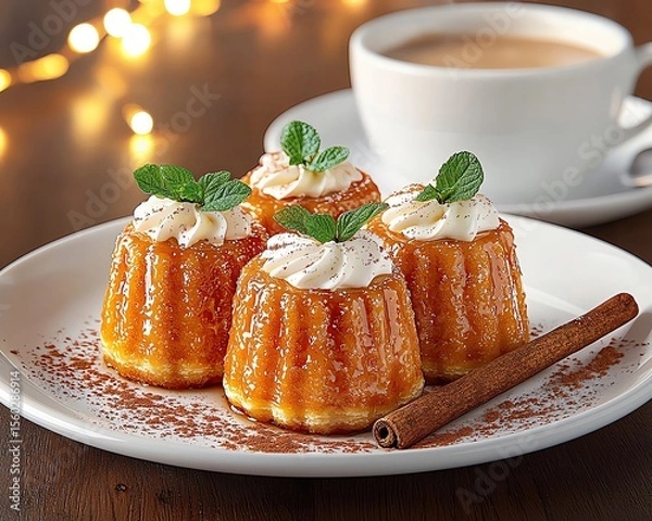 Obraz French Canele with Warm Cafe Background paired with cinnamon stick and cappuccino, ambient cafe lighting with bokeh for a charming Parisian feel