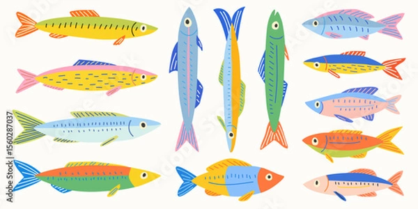 Fototapeta Set of colorful sardines and fishes. Stickers for fish products in a bright doodle style. Perfect for packaging, prints and summer illustrations. 