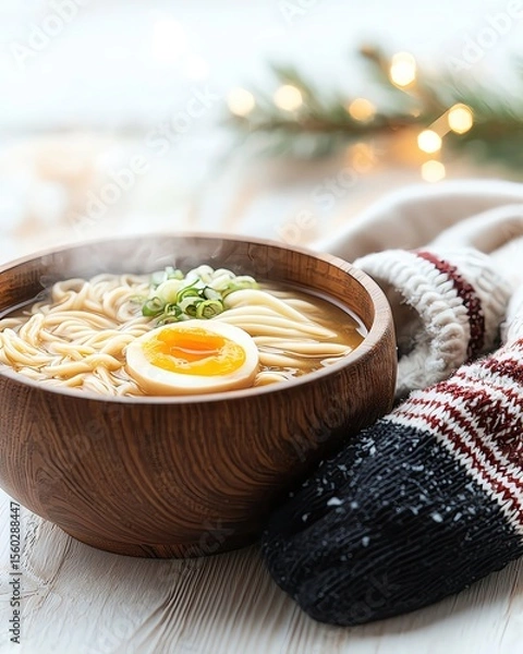 Obraz Korean Bungeoppang with Steam Rising beside winter gloves and scarf, styled with soft window snowlight and shallow depth of field