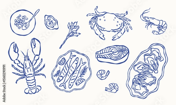Obraz Various seafood elements line art set. Vector hand drawn illustration. All elements are isolated.
