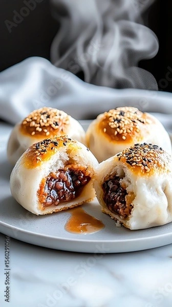 Obraz Korean Bungeoppang with Steam Rising being broken in half midair, melted red bean filling exposed and steam captured in motion, strong directional light