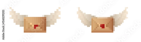 Fototapeta Pixelated envelope with wings, styled in retro 8 bit. ideal for nostalgic game icons and design.