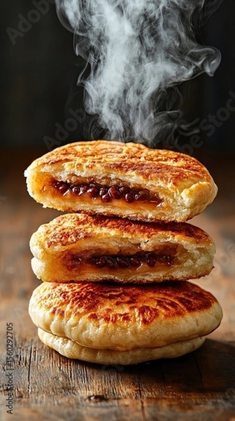 Obraz Korean Bungeoppang with Steam Rising being broken in half midair, melted red bean filling exposed and steam captured in motion, strong directional light