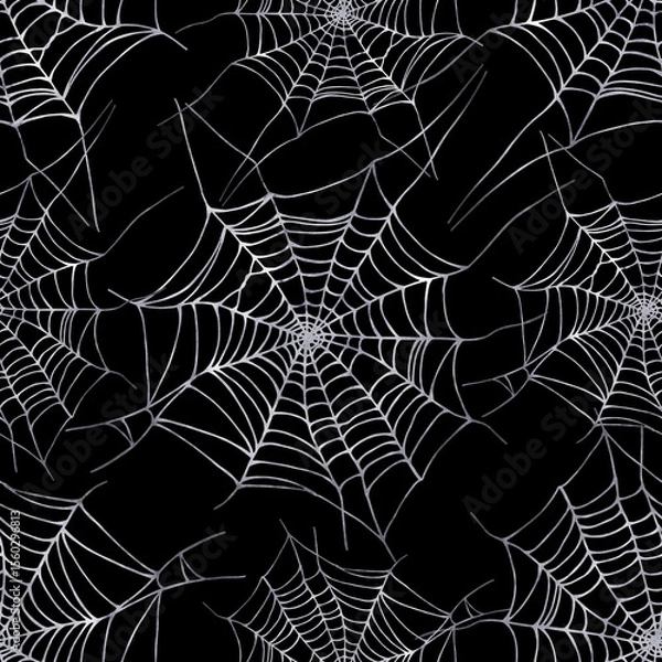 Fototapeta Seamless pattern with grey spiderweb on black background. For fabric, wrapping paper, covers, wrappers.
