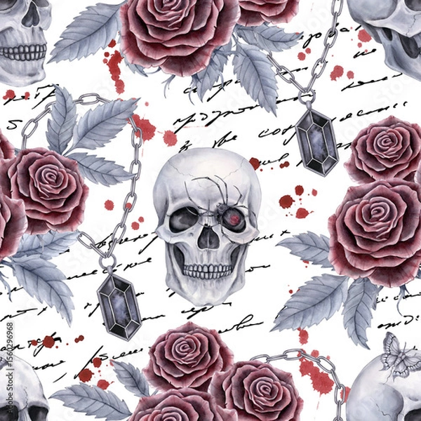 Fototapeta Seamless pattern with roses and skulls on a background of handwritten text and splashes. Watercolor illustration in gray, black and red tones. For fabric, wrapping paper, textiles, covers.