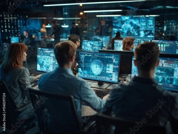 Fototapeta Group of people working on computers. Cybersecurity training in hightech office environment. Colleagues collaborate with holographic displays showing security concepts. Tech, generated image