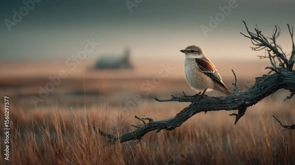 Fototapeta A beautiful photograph of a reddish-brown sparrow-like bird perched on a branch in the middle of tall grass, with a distant farmhouse visible in the background.