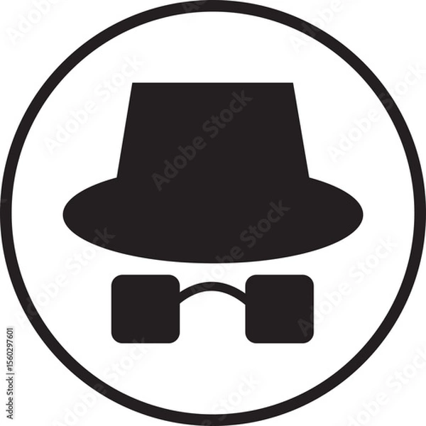 Fototapeta Spyware icon spy with hat symbol in trendy black flat style. Hide vector. Comedian pictogram. Incognito mood illustration private silhouette sign isolated on transparent background.