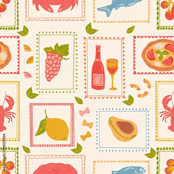 Obraz Summer mediterranean doodle stamps seamless pattern.  Hand drawn pizza, lemon, tomato, fish, crab, lobster, wine, avocado, grapes. Retro background for wallpaper, fabric, wrapping paper.