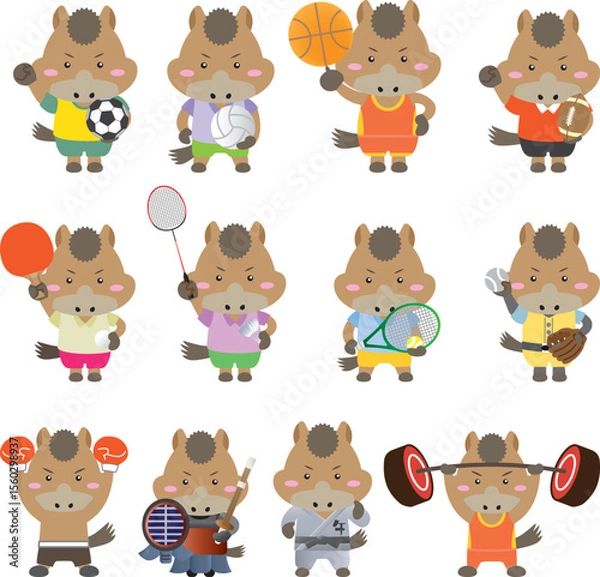 Fototapeta いろいろなスポーツに挑戦する馬のキャラクターたち（干支・午年・運動イラスト）