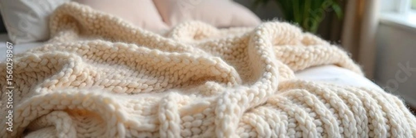 Fototapeta Cozy Oversized Knit Throw Blanket Soft Chunky Texture in Neutral Tones, Perfect for Teen Bedrooms, Couches, and Dorm Rooms. Ideal for adding warmth and style to any space.
