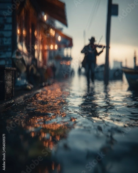 Fototapeta A close-up of the street, the man is playing his violin in front of an old restaurant. It's raining, and there are reflections on the puddles. Blurry people are walking by on the sidewalk.