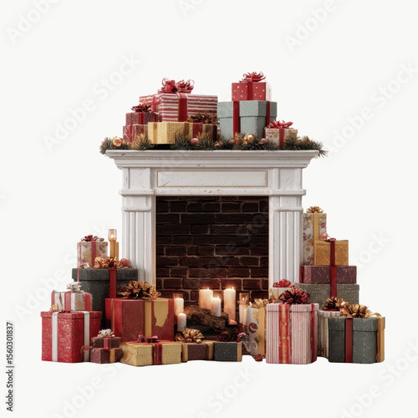 Obraz Christmas Fireplace with Stack of Presents and Burning Candles