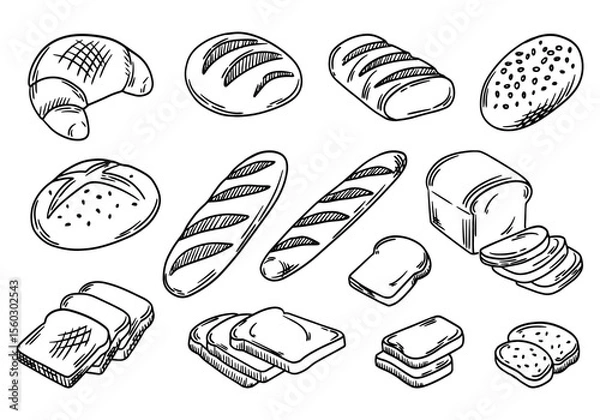 Fototapeta Set of different breads. Loaf, baguette, croissant, round bread, toast bread. Fresh bread hand drawn sketch. Vector illustration