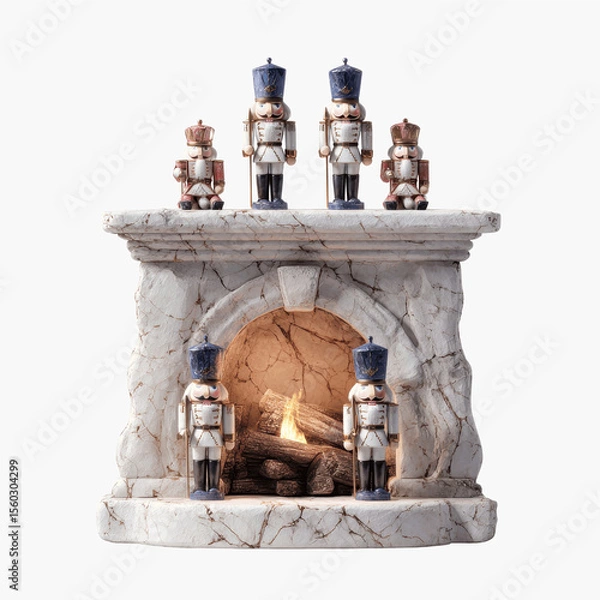 Obraz Festive Nutcracker Soldiers Flanking a Cozy Fireplace Mantelpiece