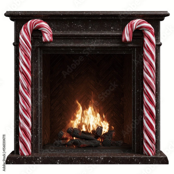 Obraz Festive Fireplace with Candy Cane Decor and Cozy Fire