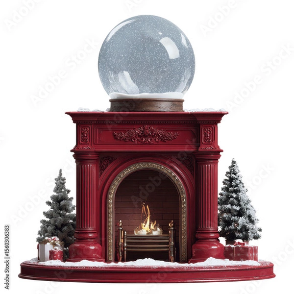 Obraz Festive Christmas Fireplace with Snow Globe and Decorated Mantelpiece