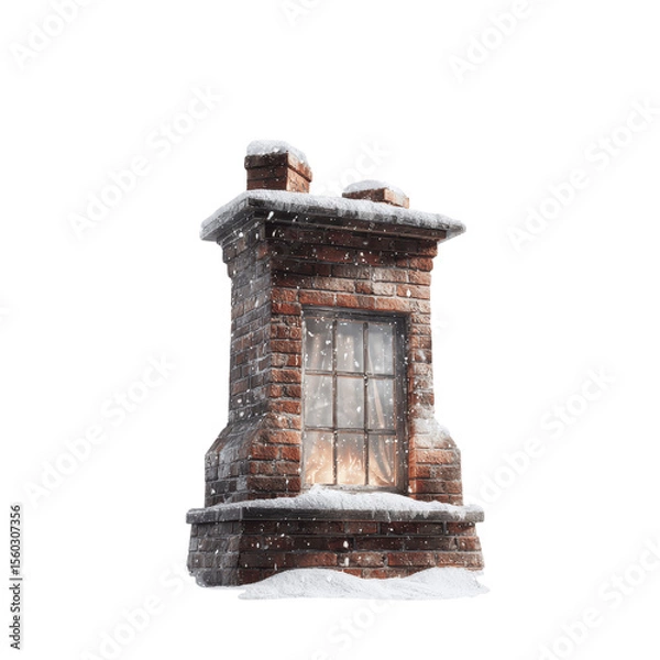 Obraz Cozy Brick Chimney with Snow and Glowing Window, Winter Scene