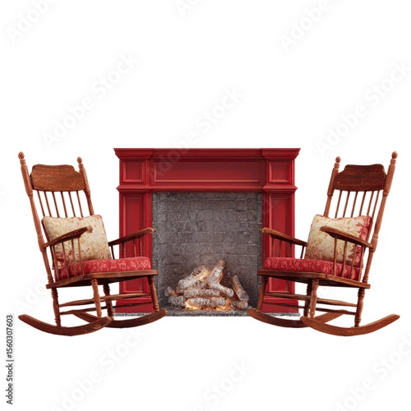 Obraz Cozy Fireplace Scene with Rocking Chairs and Red Mantelpiece