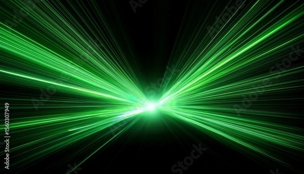 Fototapeta moving fast green laser light beams isolated on black background abstract light effect green lens flare horizontal rays glowing in the dark