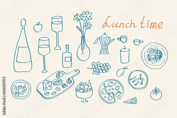 Obraz Mediterranean Italian cuisine outline sketch. Hand drawn ink trendy doodle with rustic food, wine, vegetable, herb, fish, oil, pasta, pizza on ornate for lunchtime table. Design for branding, menu 