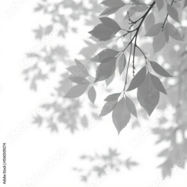 Fototapeta shadow overlay effect. Gray shadow of leaves isolated on white background. Plant foliage leaf shadow light effect. Mockup Blurred tree branch shadow. Ideal for summer spring design elements PNG