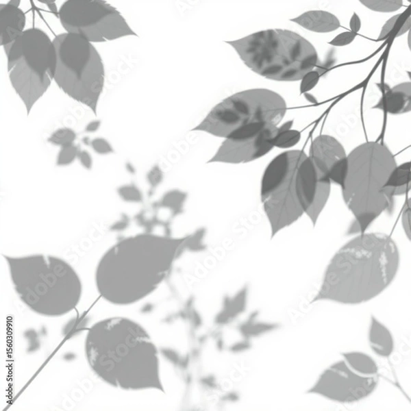 Fototapeta shadow overlay effect. Gray shadow of leaves isolated on white background. Plant foliage leaf shadow light effect. Mockup Blurred tree branch shadow. Ideal for summer spring design elements PNG